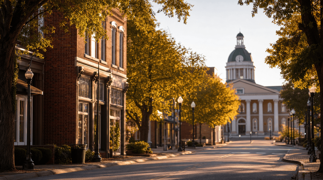 Historic downtown street in Monroe NC at golden hour
